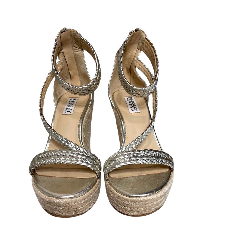 Badgley Mischka Gold Wedge Sandals Size 8 Braided Strappy Espadrille Heels - Picture 2 of 11